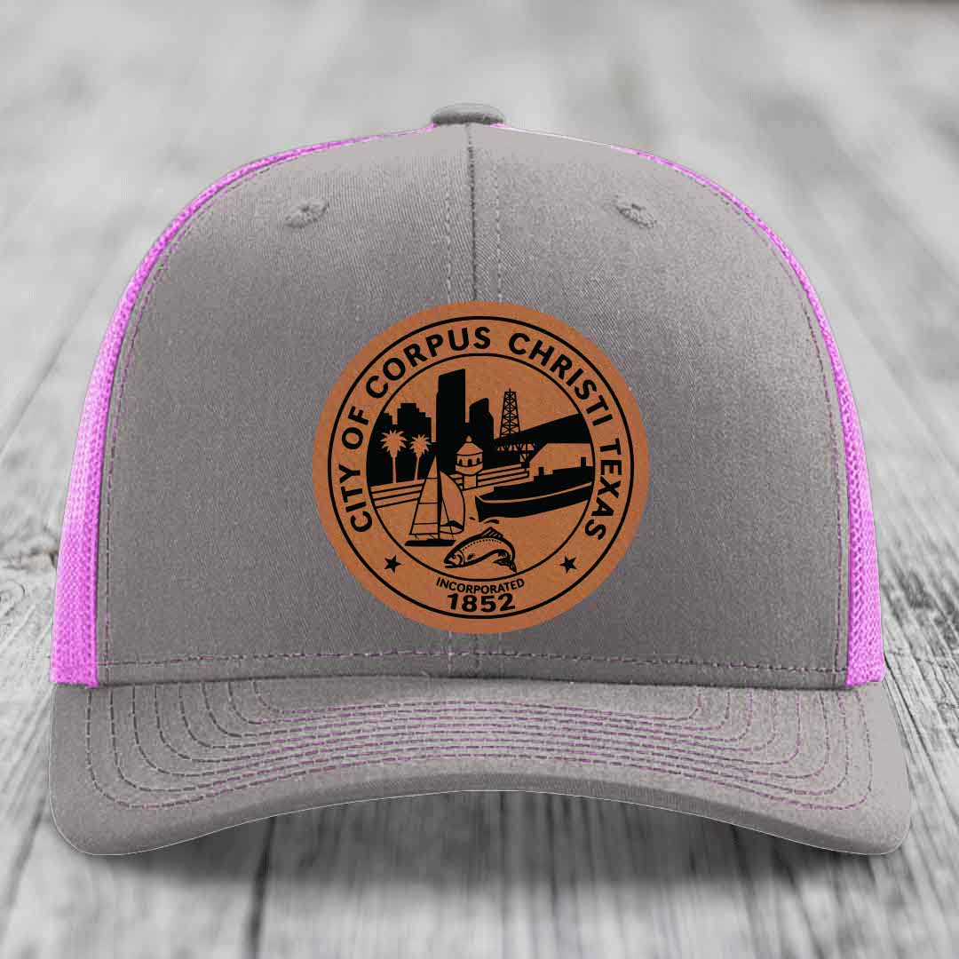 Corpus Christi Seal - Leather Patch Hat - Rawhide to Black Patch - Richardson 112 Snapback Trucker Hat
