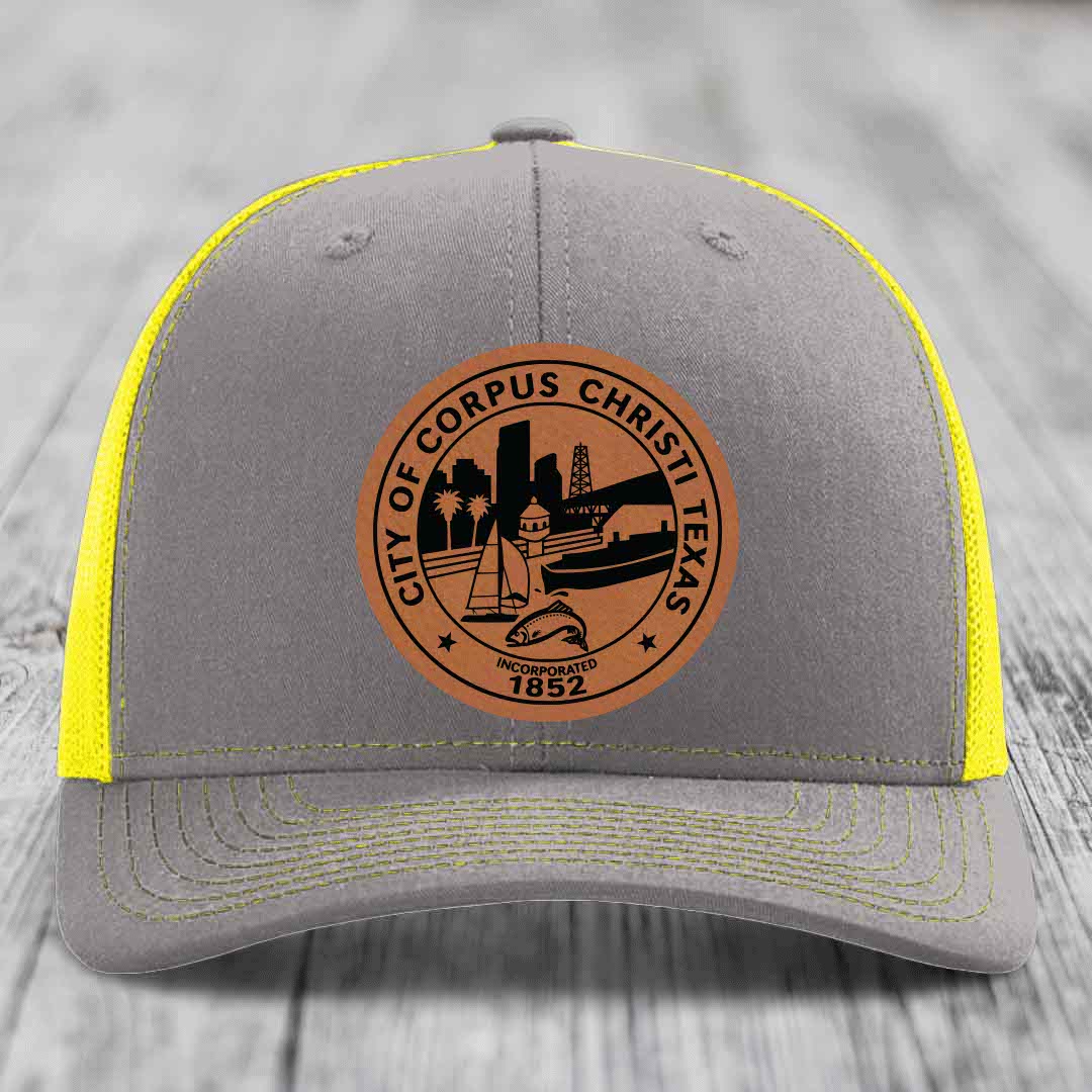 Corpus Christi Seal - Leather Patch Hat - Rawhide to Black Patch - Richardson 112 Snapback Trucker Hat