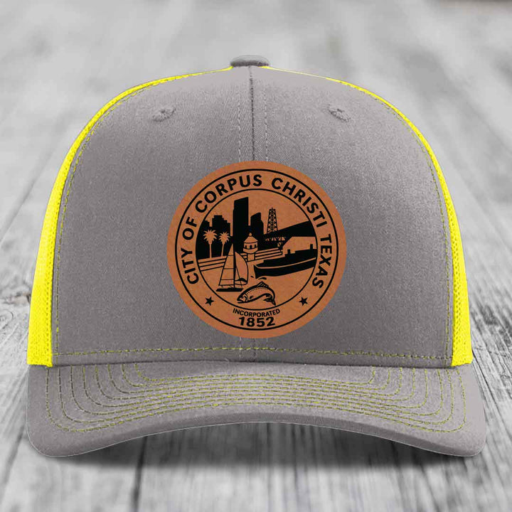 Corpus Christi Seal - Leather Patch Hat - Rawhide to Black Patch - Richardson 112 Snapback Trucker Hat