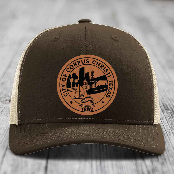 Corpus Christi Seal - Leather Patch Hat - Rawhide to Black Patch - Richardson 112 Snapback Trucker Hat