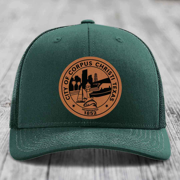 Corpus Christi Seal - Leather Patch Hat - Rawhide to Black Patch - Richardson 112 Snapback Trucker Hat
