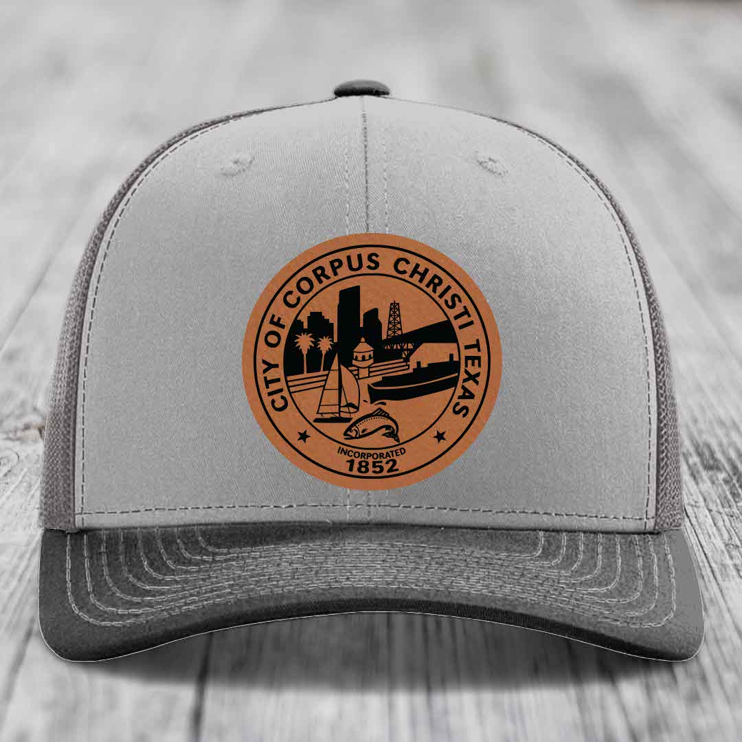 Corpus Christi Seal - Leather Patch Hat - Rawhide to Black Patch - Richardson 112 Snapback Trucker Hat