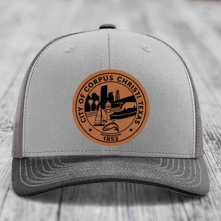 Corpus Christi Seal - Leather Patch Hat - Rawhide to Black Patch - Richardson 112 Snapback Trucker Hat