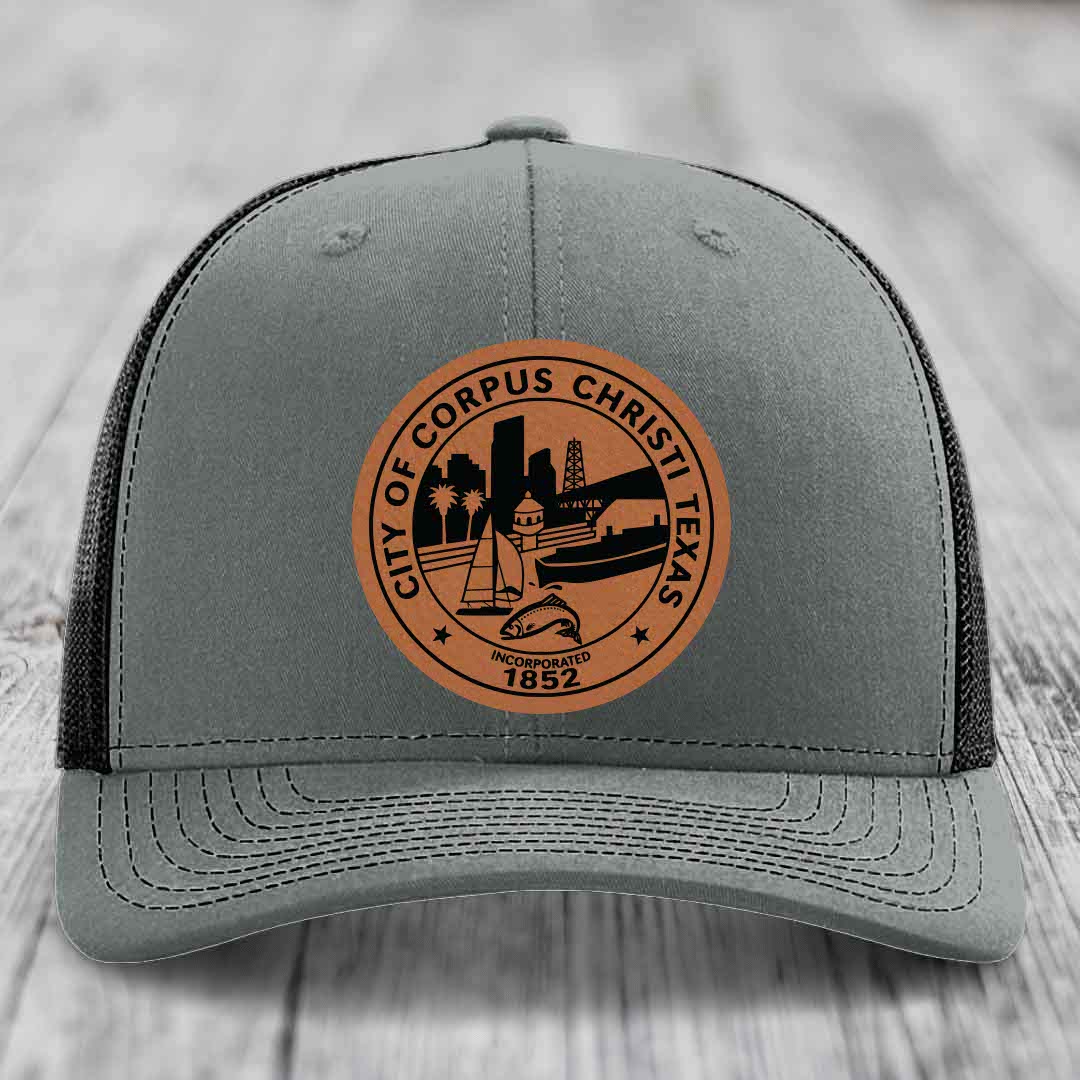 Corpus Christi Seal - Leather Patch Hat - Rawhide to Black Patch - Richardson 112 Snapback Trucker Hat