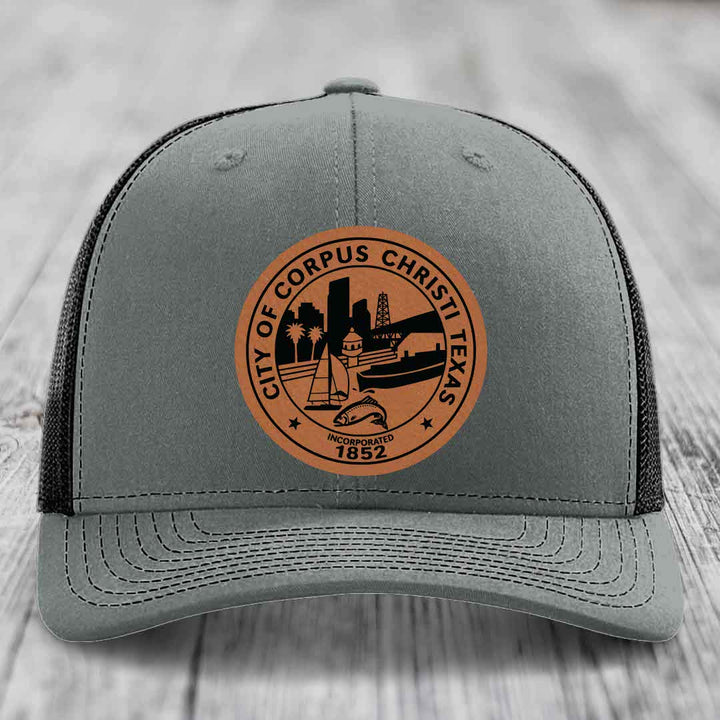 Corpus Christi Seal - Leather Patch Hat - Rawhide to Black Patch - Richardson 112 Snapback Trucker Hat