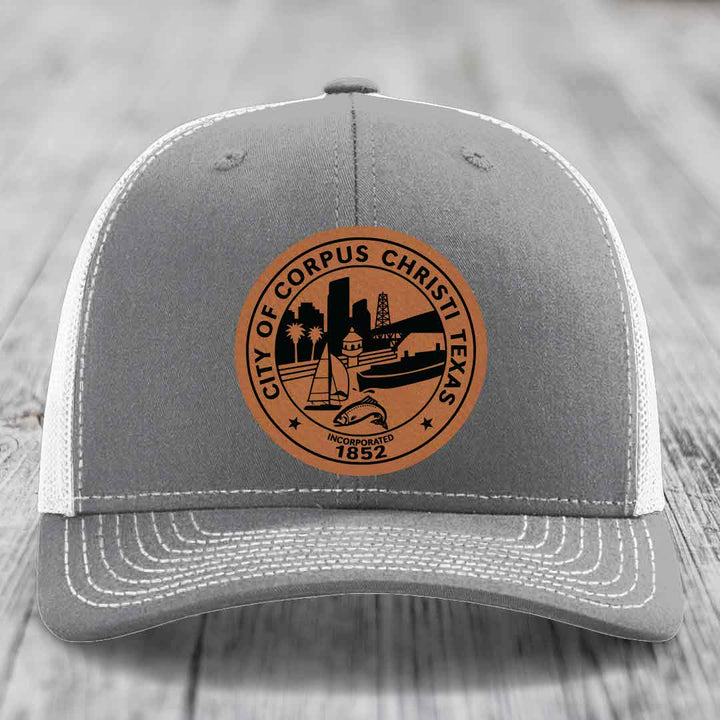 Corpus Christi Seal - Leather Patch Hat - Rawhide to Black Patch - Richardson 112 Snapback Trucker Hat