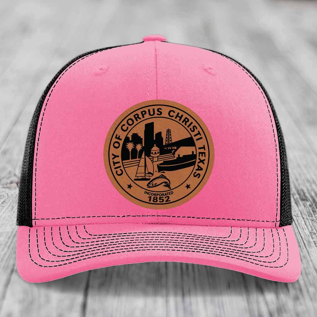 Corpus Christi Seal - Leather Patch Hat - Rawhide to Black Patch - Richardson 112 Snapback Trucker Hat