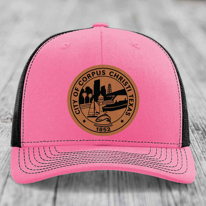 Corpus Christi Seal - Leather Patch Hat - Rawhide to Black Patch - Richardson 112 Snapback Trucker Hat