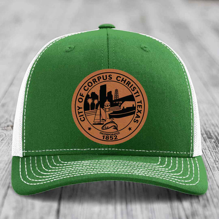 Corpus Christi Seal - Leather Patch Hat - Rawhide to Black Patch - Richardson 112 Snapback Trucker Hat