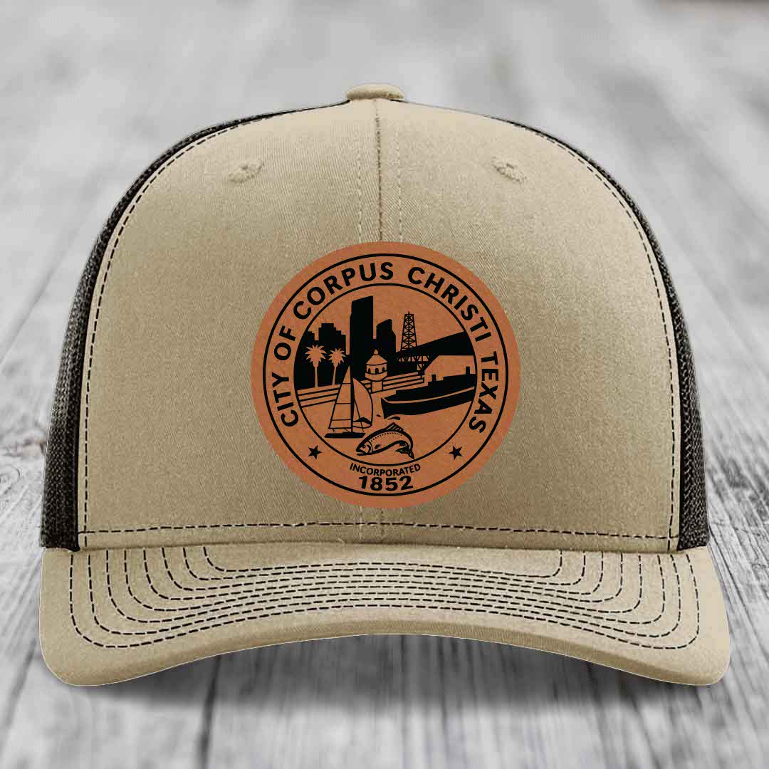 Corpus Christi Seal - Leather Patch Hat - Rawhide to Black Patch - Richardson 112 Snapback Trucker Hat