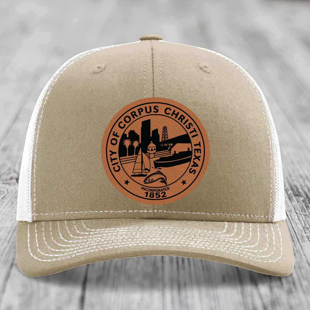 Corpus Christi Seal - Leather Patch Hat - Rawhide to Black Patch - Richardson 112 Snapback Trucker Hat