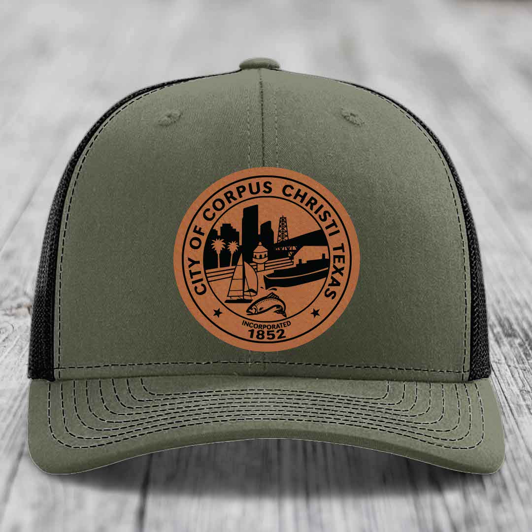 Corpus Christi Seal - Leather Patch Hat - Rawhide to Black Patch - Richardson 112 Snapback Trucker Hat