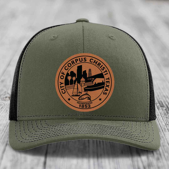 Corpus Christi Seal - Leather Patch Hat - Rawhide to Black Patch - Richardson 112 Snapback Trucker Hat