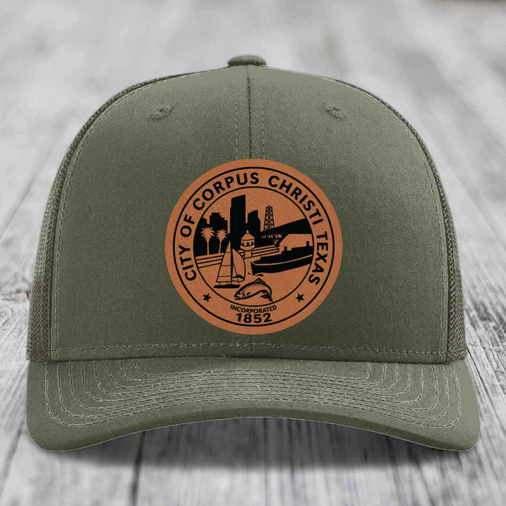 Corpus Christi Seal - Leather Patch Hat - Rawhide to Black Patch - Richardson 112 Snapback Trucker Hat