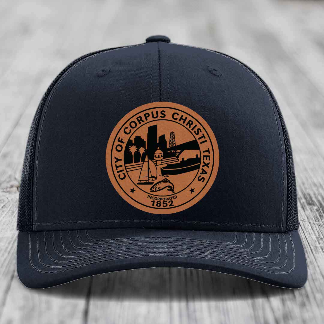 Corpus Christi Seal - Leather Patch Hat - Rawhide to Black Patch - Richardson 112 Snapback Trucker Hat