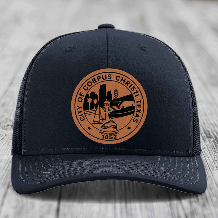 Corpus Christi Seal - Leather Patch Hat - Rawhide to Black Patch - Richardson 112 Snapback Trucker Hat