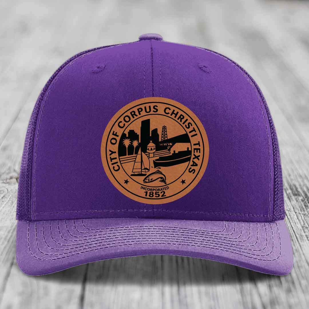 Corpus Christi Seal - Leather Patch Hat - Rawhide to Black Patch - Richardson 112 Snapback Trucker Hat