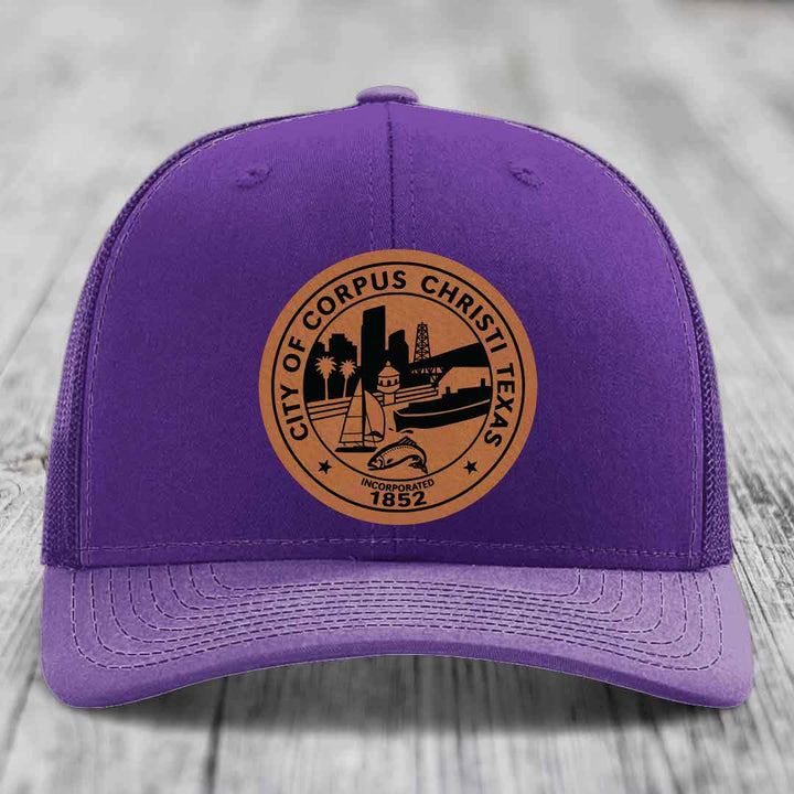 Corpus Christi Seal - Leather Patch Hat - Rawhide to Black Patch - Richardson 112 Snapback Trucker Hat