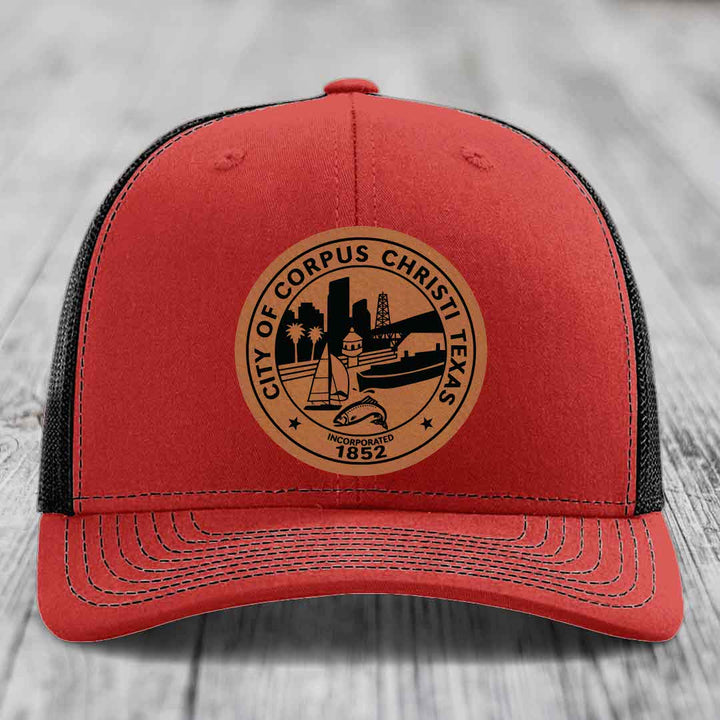 Corpus Christi Seal - Leather Patch Hat - Rawhide to Black Patch - Richardson 112 Snapback Trucker Hat
