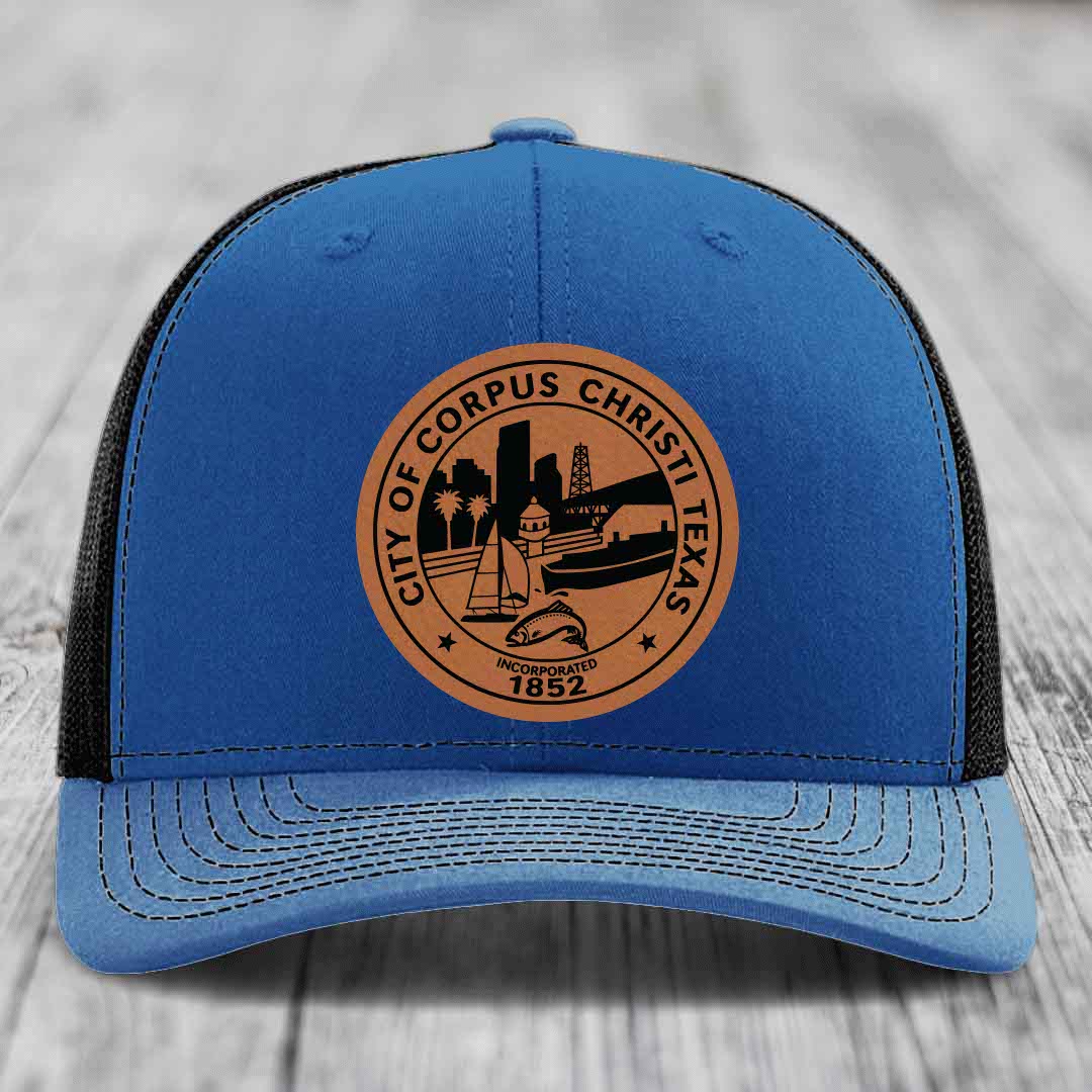 Corpus Christi Seal - Leather Patch Hat - Rawhide to Black Patch - Richardson 112 Snapback Trucker Hat