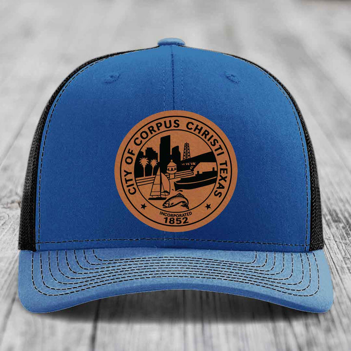 Corpus Christi Seal - Leather Patch Hat - Rawhide to Black Patch - Richardson 112 Snapback Trucker Hat