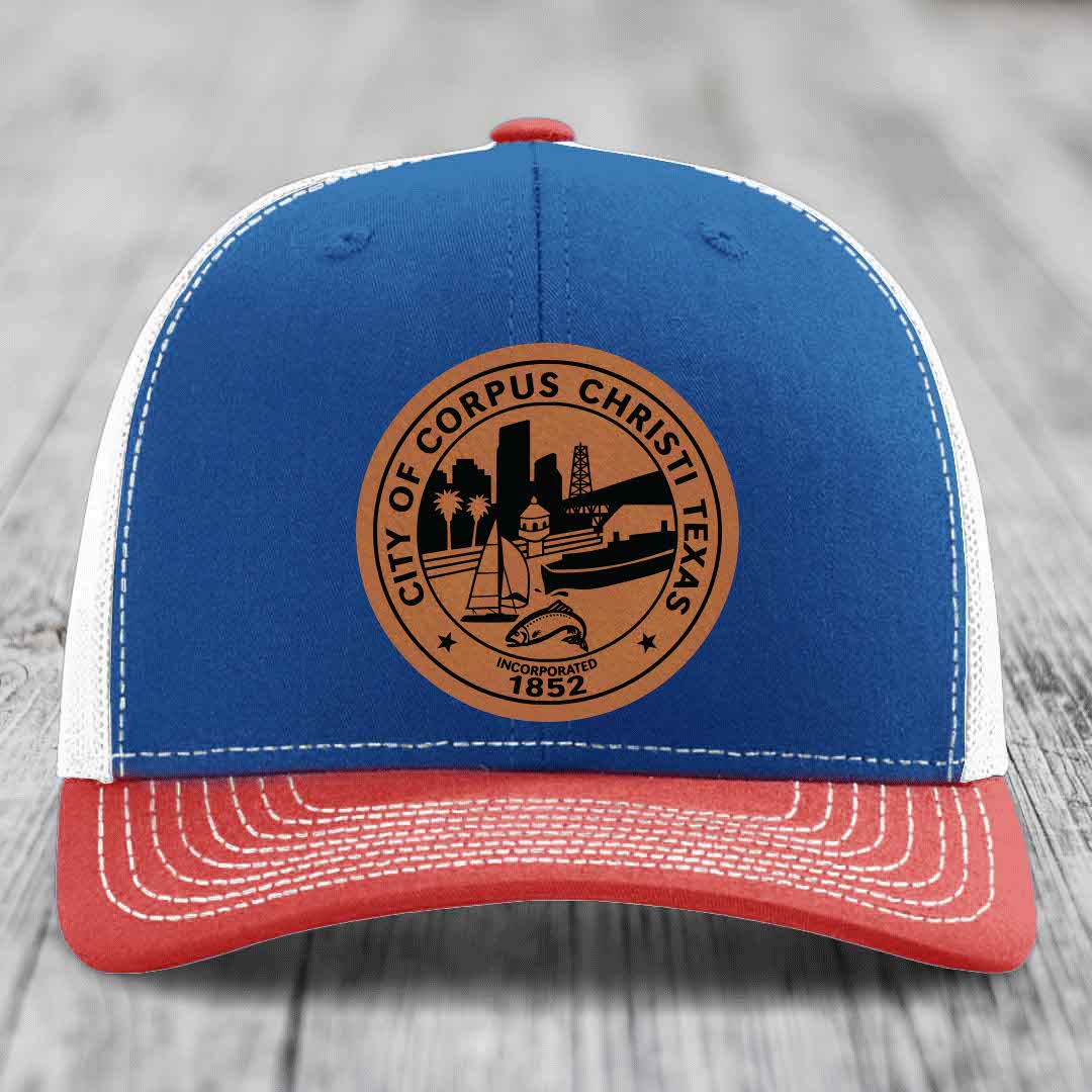 Corpus Christi Seal - Leather Patch Hat - Rawhide to Black Patch - Richardson 112 Snapback Trucker Hat