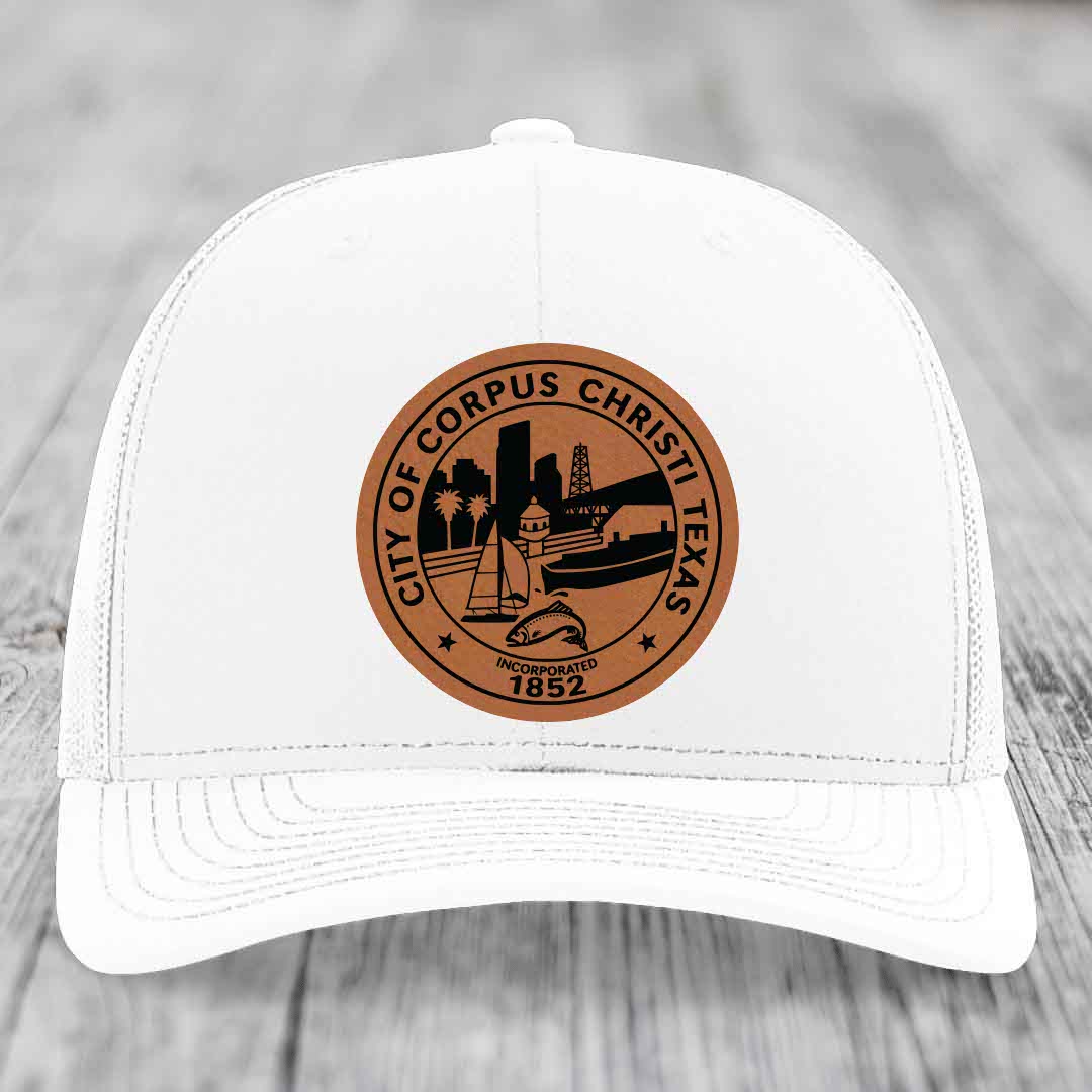 Corpus Christi Seal - Leather Patch Hat - Rawhide to Black Patch - Richardson 112 Snapback Trucker Hat