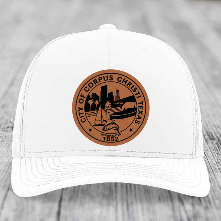 Corpus Christi Seal - Leather Patch Hat - Rawhide to Black Patch - Richardson 112 Snapback Trucker Hat