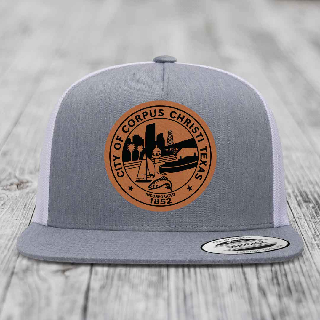 Corpus Christi Seal - Leather Patch Hat - Rawhide to Black Patch - Yupoong 6006 Snapback Flatbill Hat