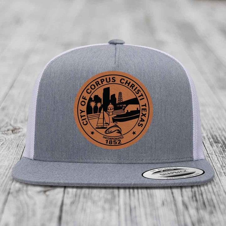 Corpus Christi Seal - Leather Patch Hat - Rawhide to Black Patch - Yupoong 6006 Snapback Flatbill Hat