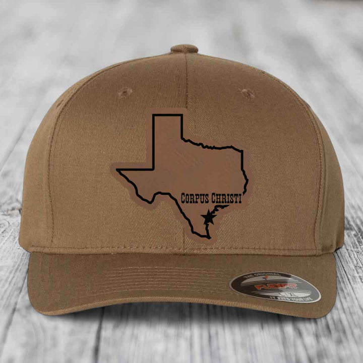 Corpus Christi Texas (Clean) - Leather Patch Hat - Dark Brown to Black Patch - Flexfit 6277 Fitted Hat