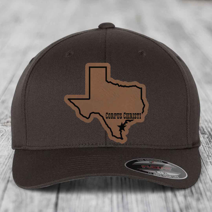 Corpus Christi Texas (Clean) - Leather Patch Hat - Dark Brown to Black Patch - Flexfit 6277 Fitted Hat