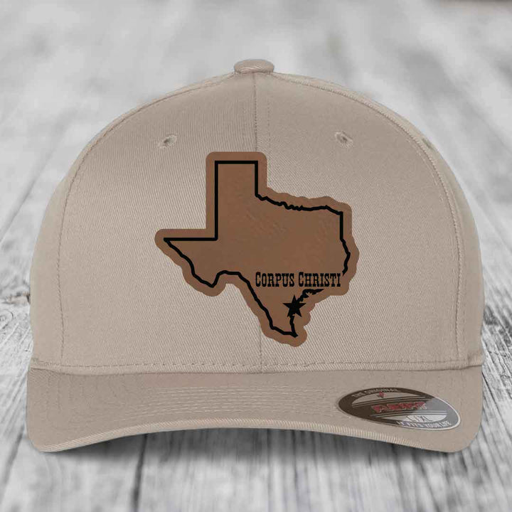 Corpus Christi Texas (Clean) - Leather Patch Hat - Dark Brown to Black Patch - Flexfit 6277 Fitted Hat