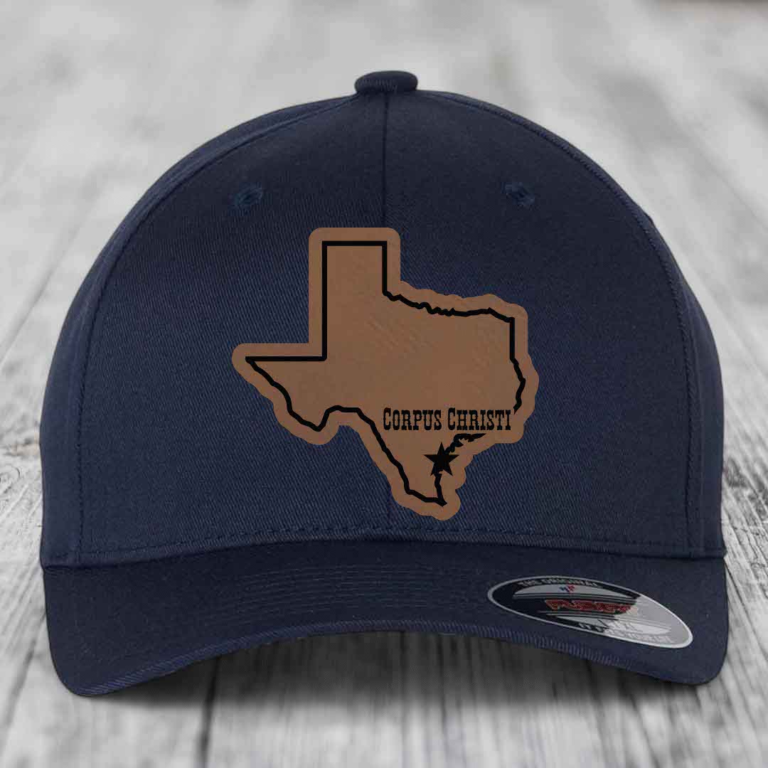 Corpus Christi Texas (Clean) - Leather Patch Hat - Dark Brown to Black Patch - Flexfit 6277 Fitted Hat