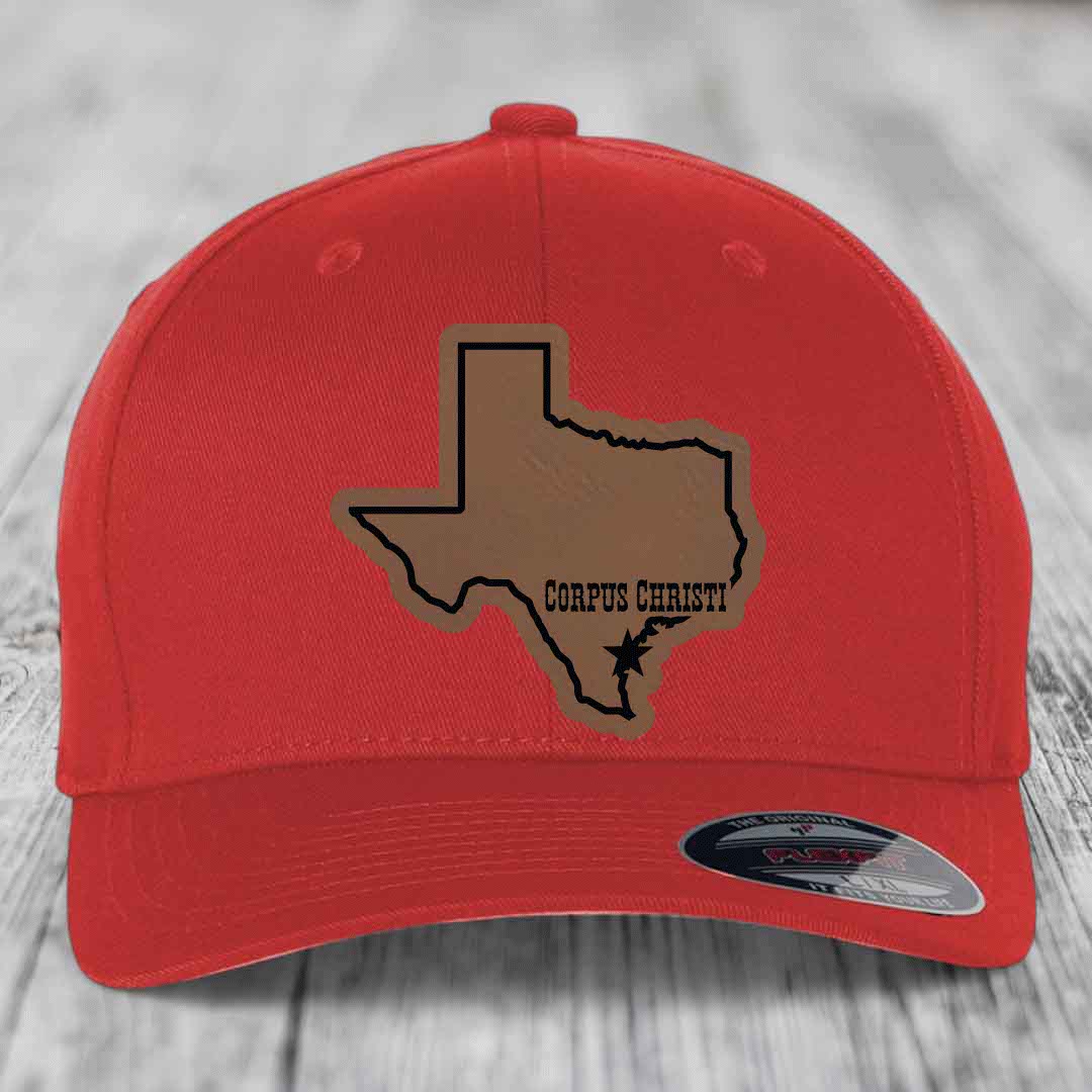 Corpus Christi Texas (Clean) - Leather Patch Hat - Dark Brown to Black Patch - Flexfit 6277 Fitted Hat