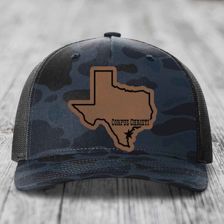 Corpus Christi Texas (Clean) - Leather Patch Hat - Dark Brown to Black Patch - Richardson 112PFP Snapback Trucker Hat