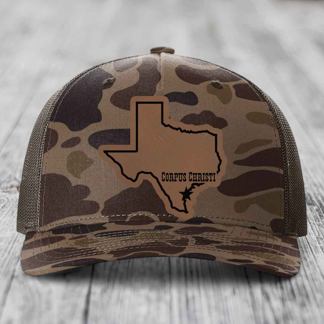 Corpus Christi Texas (Clean) - Leather Patch Hat - Dark Brown to Black Patch - Richardson 112PFP Snapback Trucker Hat