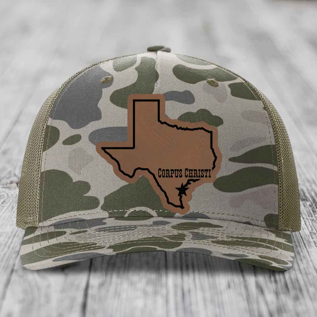 Corpus Christi Texas (Clean) - Leather Patch Hat - Dark Brown to Black Patch - Richardson 112PFP Snapback Trucker Hat