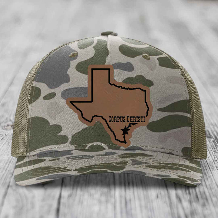 Corpus Christi Texas (Clean) - Leather Patch Hat - Dark Brown to Black Patch - Richardson 112PFP Snapback Trucker Hat