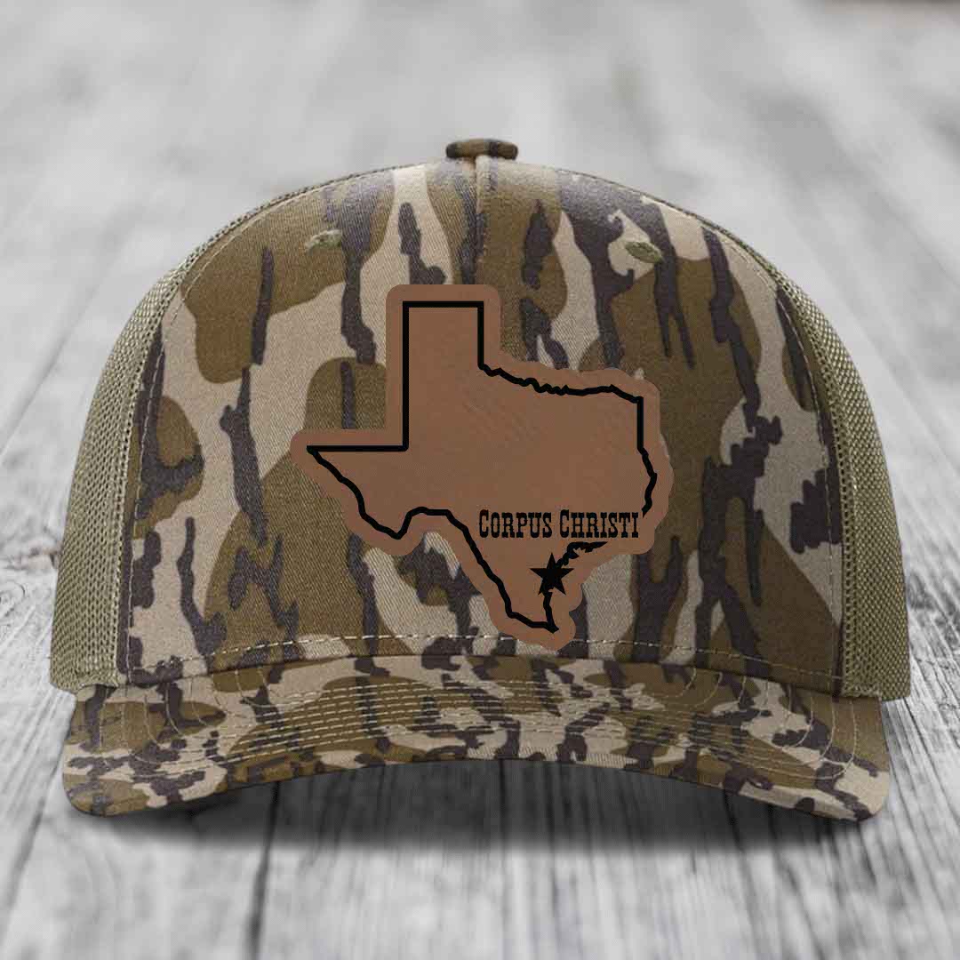 Corpus Christi Texas (Clean) - Leather Patch Hat - Dark Brown to Black Patch - Richardson 112PFP Snapback Trucker Hat