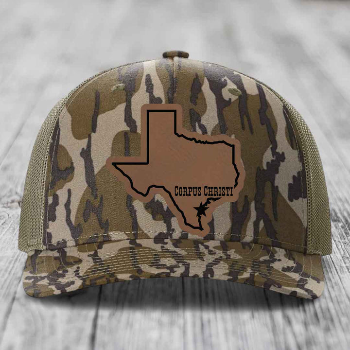 Corpus Christi Texas (Clean) - Leather Patch Hat - Dark Brown to Black Patch - Richardson 112PFP Snapback Trucker Hat