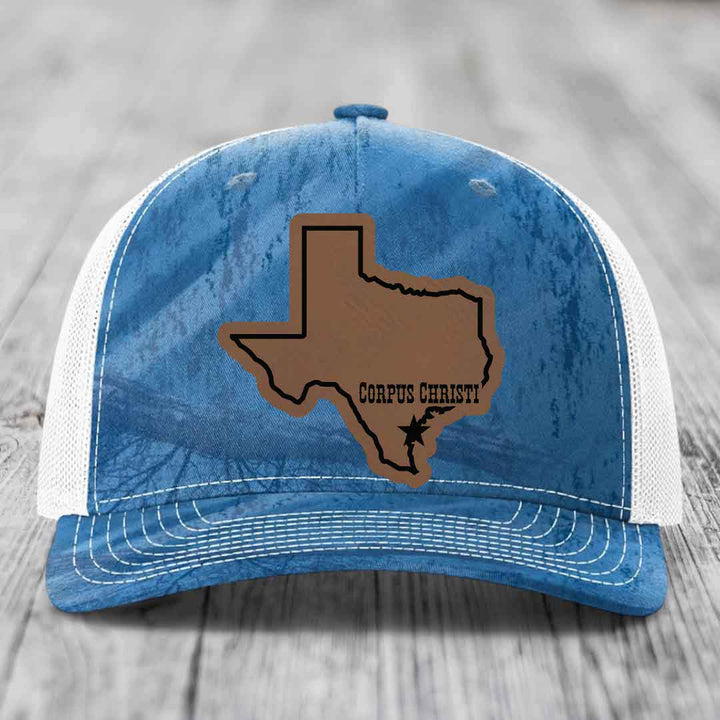 Corpus Christi Texas (Clean) - Leather Patch Hat - Dark Brown to Black Patch - Richardson 112PFP Snapback Trucker Hat