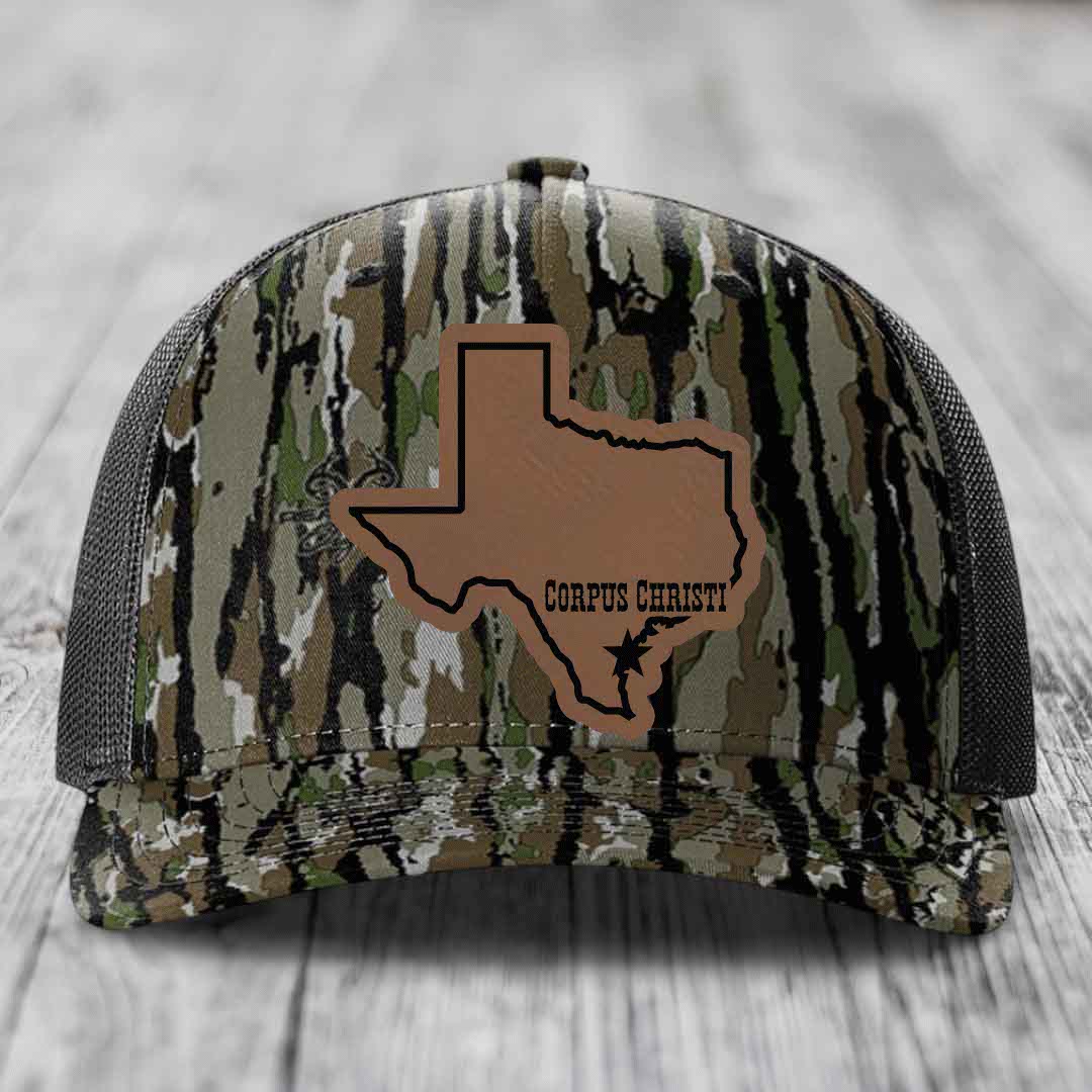 Corpus Christi Texas (Clean) - Leather Patch Hat - Dark Brown to Black Patch - Richardson 112PFP Snapback Trucker Hat