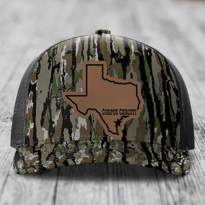 Corpus Christi Texas (Clean) - Leather Patch Hat - Dark Brown to Black Patch - Richardson 112PFP Snapback Trucker Hat