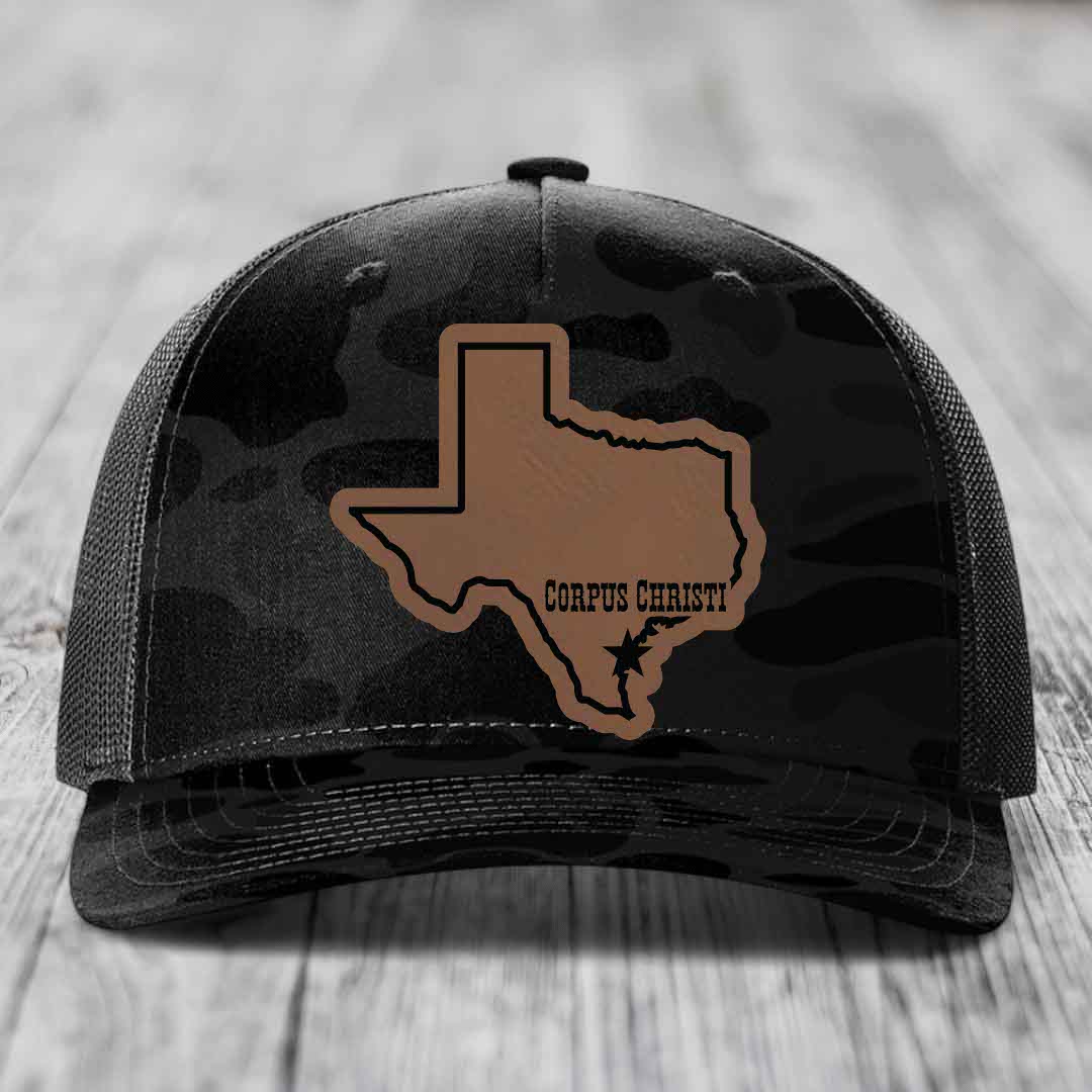 Corpus Christi Texas (Clean) - Leather Patch Hat - Dark Brown to Black Patch - Richardson 112PFP Snapback Trucker Hat