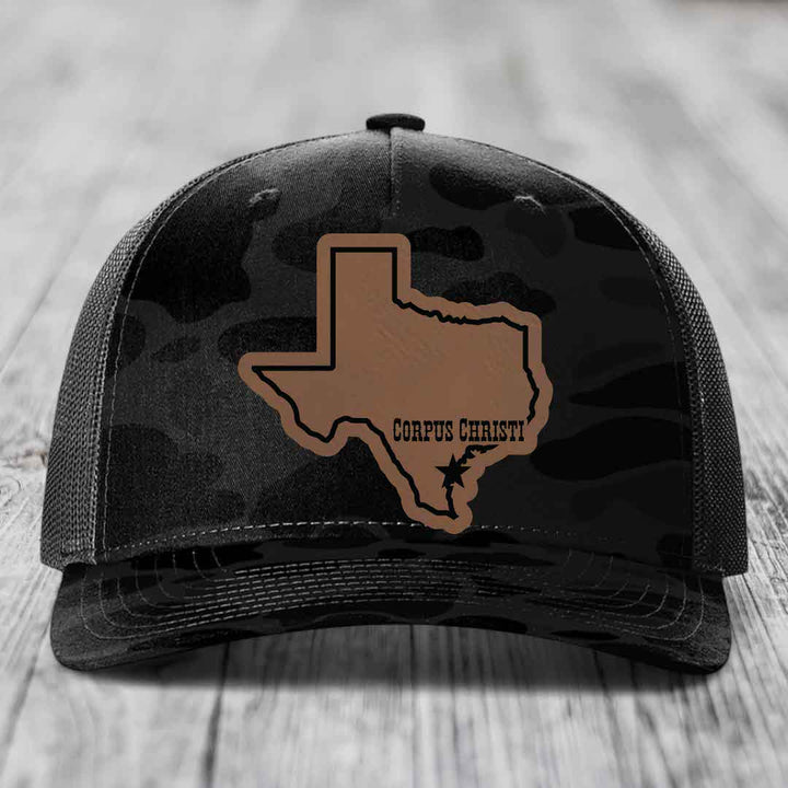 Corpus Christi Texas (Clean) - Leather Patch Hat - Dark Brown to Black Patch - Richardson 112PFP Snapback Trucker Hat