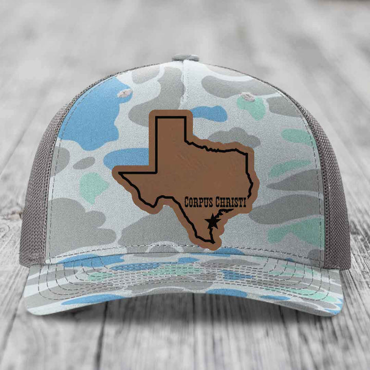 Corpus Christi Texas (Clean) - Leather Patch Hat - Dark Brown to Black Patch - Richardson 112PFP Snapback Trucker Hat