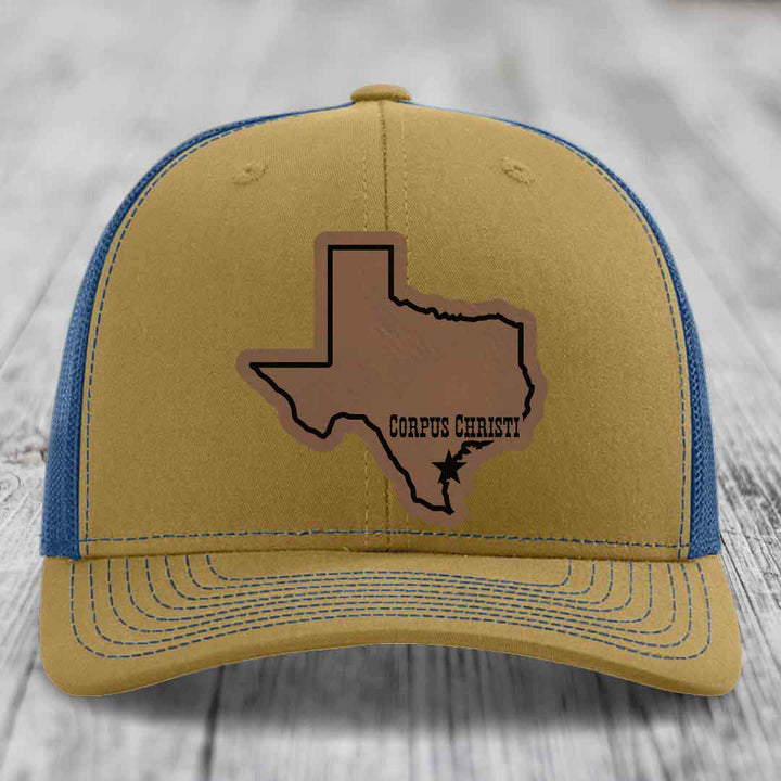 Corpus Christi Texas (Clean) - Leather Patch Hat - Dark Brown to Black Patch - Richardson 112 Snapback Trucker Hat