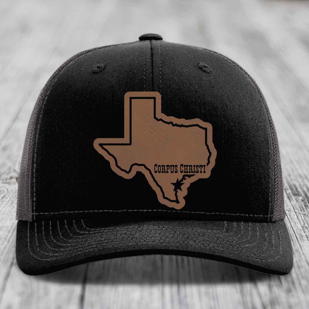 Corpus Christi Texas (Clean) - Leather Patch Hat - Dark Brown to Black Patch - Richardson 112 Snapback Trucker Hat