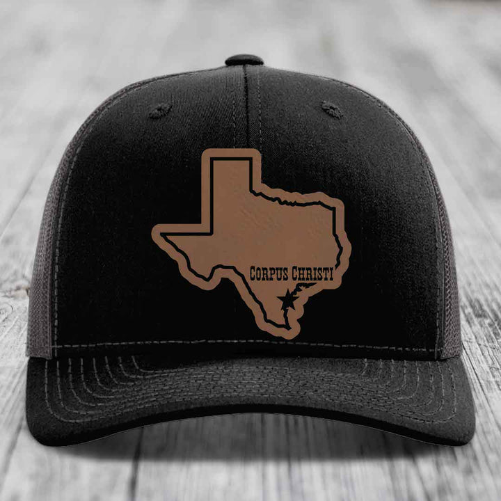 Corpus Christi Texas (Clean) - Leather Patch Hat - Dark Brown to Black Patch - Richardson 112 Snapback Trucker Hat